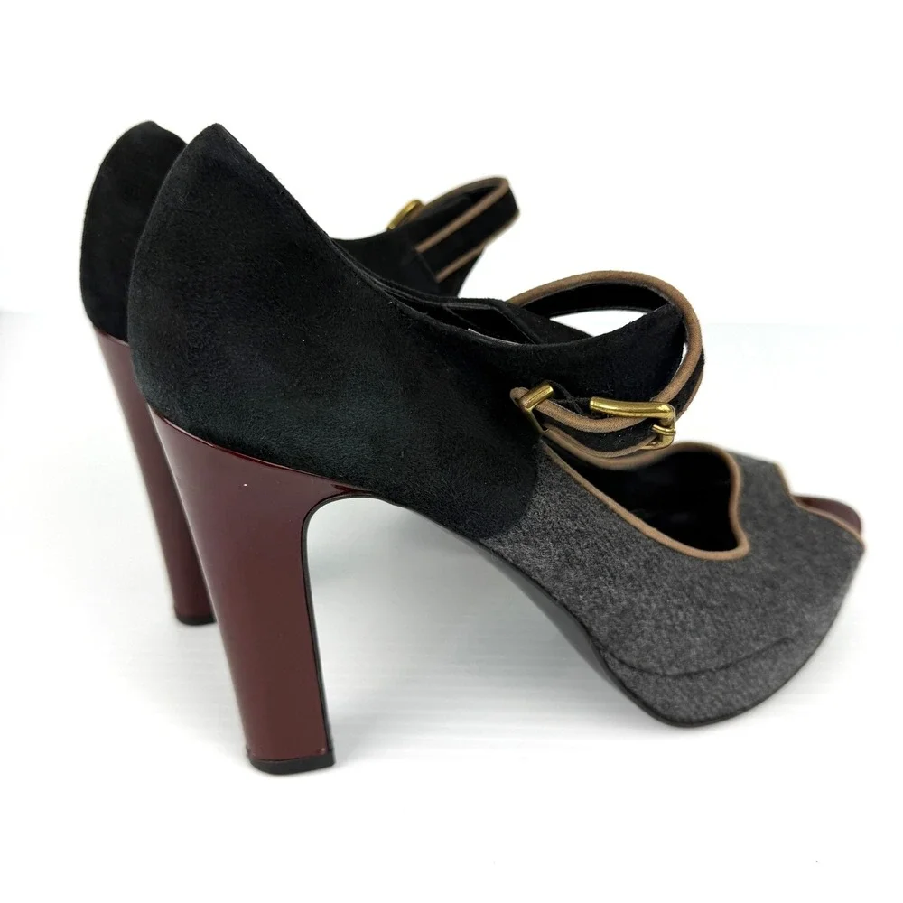J.Crew Mary Jane Platform Dark Academia‎ Wool Peep Toe Preppy Heels Italy 8.5